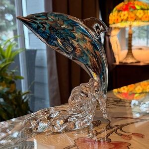 Dolphin Glass Art Figurine Blue Swirl Wave Stands 7 1/4” Statue Water Bottlenose
